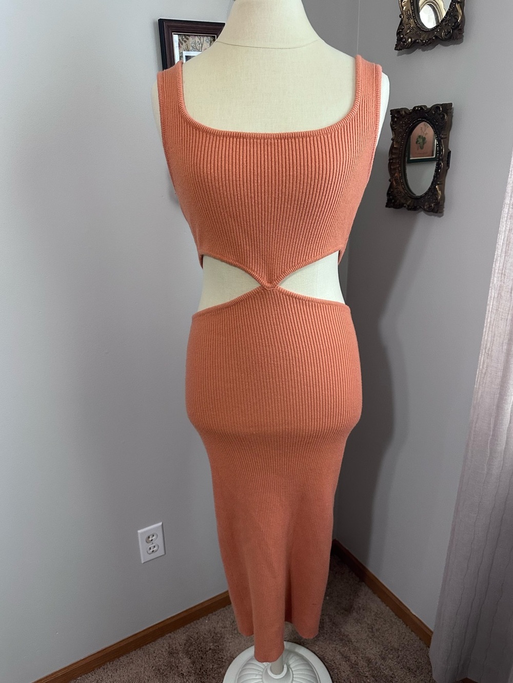 12th Tribe Coral Ribbed Cutout Midi Dress
